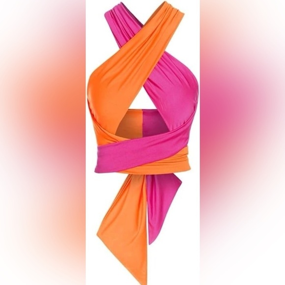 ZAFUL Halter Crop Top Criss Cross Wrap Tank Top OS Pink Orange - Picture 15 of 15